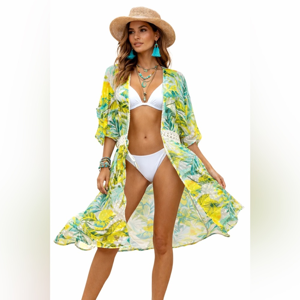 Club Z Collection Tropical Leaf Print Kimono Swim Cover Up - Women’s Size XL